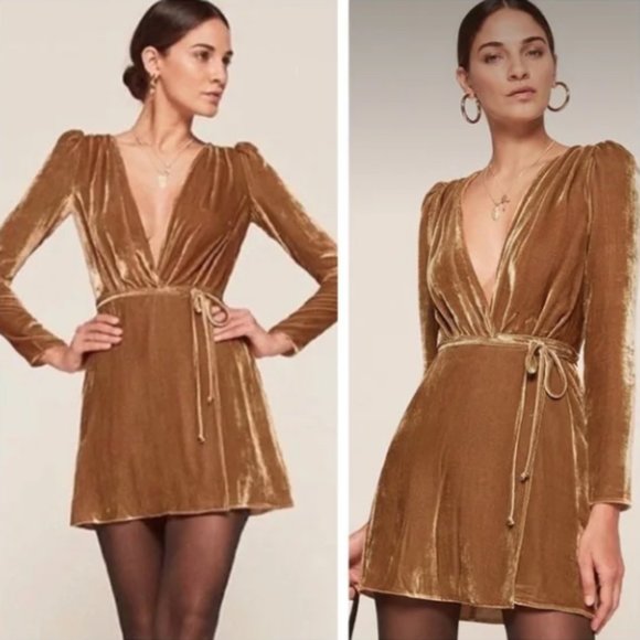 Reformation Chrissy Dress XS Gold Velvet Wrap Holiday Collection - Picture 2 of 5